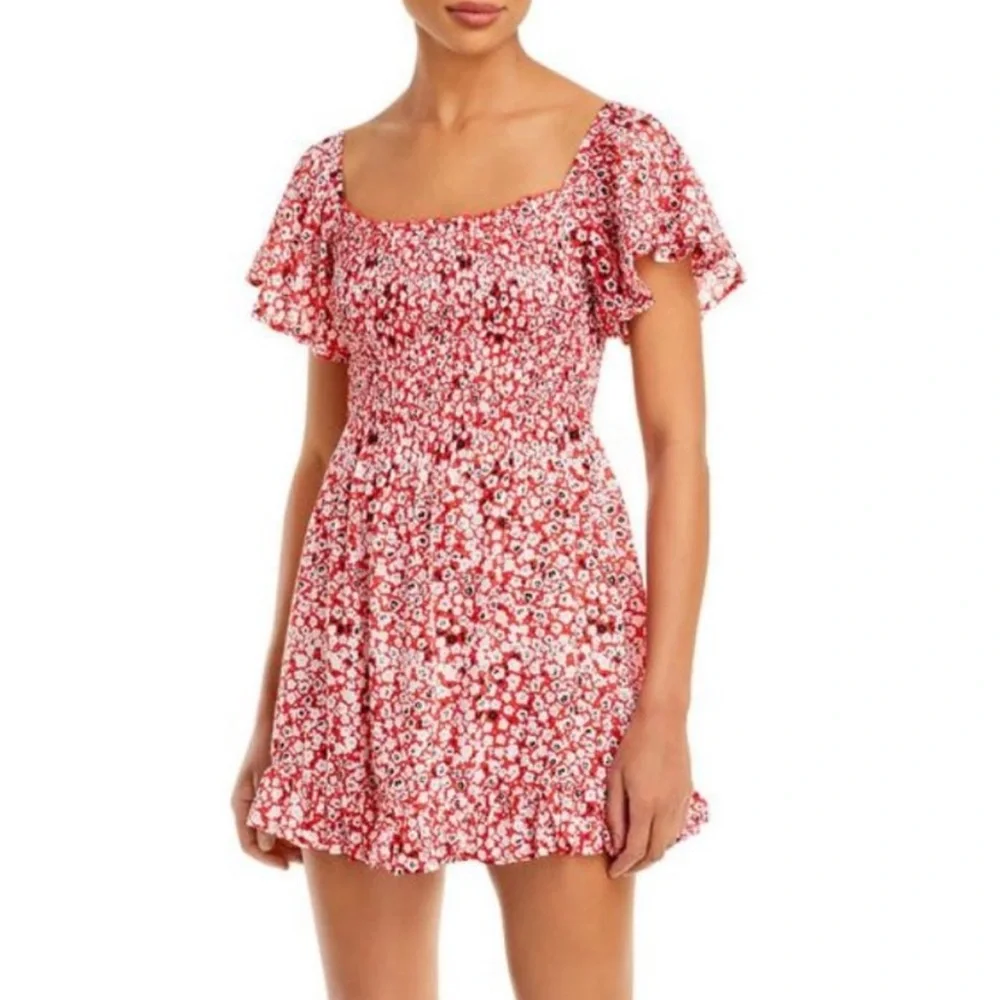 Tiare Hawaii Hendrix Red Floral Smocked Mini Dress NWT - Picture 3 of 10